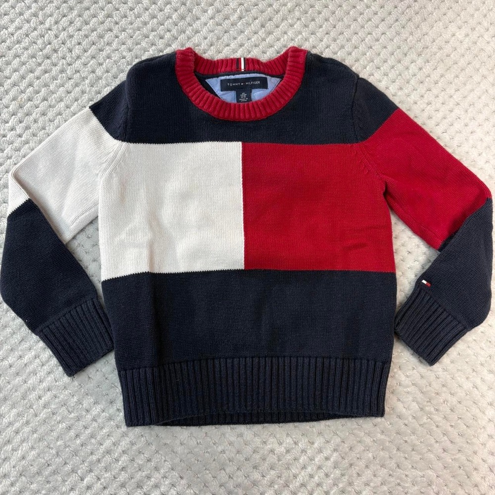 Tommy Hilfiger Kids Sweater Red White Navy Blue Colorblock Cotton Knit XS 4-5